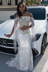 Sparkle Silver Off-the-shoulder Mermaid Court Train Tassels Wedding Dresses