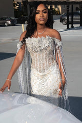 Sparkle Silver Off-the-shoulder Mermaid Court Train Tassels Wedding Dresses