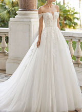 Off-The-Shoulder Ball-Gown Wedding Dresses Short Sleeves Tulle Lace Appliques-Dbrbridal