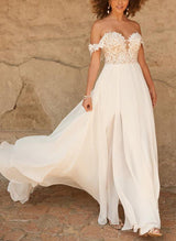 Off-The-Shoulder Boho Garden Lace Chic A-line Wedding Dresses Split Front-Dbrbridal