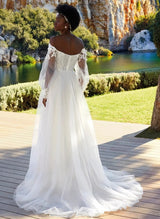 Off-the-Shoulder Boho Garden Lace Long Sleeves Wedding Dresses-Dbrbridal