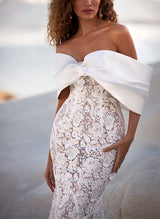 Off-The-Shoulder Boho Garden Lace Wedding Dresses Bows-Dbrbridal