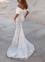 Off-The-Shoulder Boho Garden Lace Wedding Dresses Bows-Dbrbridal