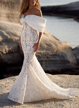Off-The-Shoulder Boho Garden Lace Wedding Dresses Bows-Dbrbridal