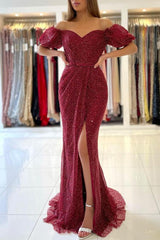 Off-the-Shoulder Bubble Sleeves Burgundy Evening Gowns Prom Dress Sequins Slit Evening Gowns-Dbrbridal