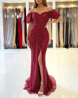 Off-the-Shoulder Burgundy Prom Dress Sequins Slit Ball Dresses Bubble Sleeves-Dbrbridal