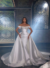 Off-The-Shoulder Chapel Train Satin Wedding Dresses Rhinestone-Dbrbridal