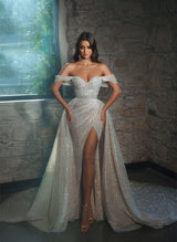 Off-the-Shoulder Chapel Train Sequined Wedding Dresses Split FrontMermaid Fitted-Dbrbridal