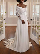 Off-The-Shoulder Chic A-line Chiffon Wedding Dress Long Sleeves Appliques Lace-Dbrbridal