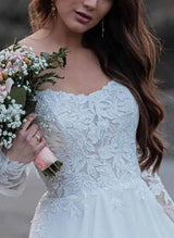 Off-The-Shoulder Chic A-line Chiffon Wedding Dress Long Sleeves Appliques Lace-Dbrbridal