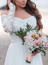 Off-The-Shoulder Chic A-line Chiffon Wedding Dress Long Sleeves Appliques Lace-Dbrbridal