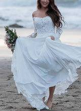 Off-The-Shoulder Chic A-line Chiffon Wedding Dress Long Sleeves Appliques Lace-Dbrbridal