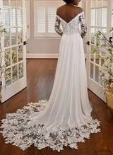 Off-The-Shoulder Chic A-line Chiffon Wedding Dress Long Sleeves Appliques Lace-Dbrbridal