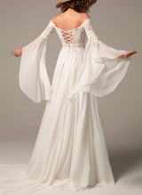 Off-The-Shoulder Chic A-line Wedding Dress Long Sleeves in Chiffon Lace-Dbrbridal