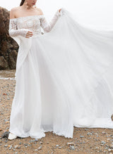 Off-The-Shoulder Chic A-line Wedding Dress Long Sleeves in Chiffon Lace-Dbrbridal