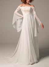 Off-The-Shoulder Chic A-line Wedding Dress Long Sleeves in Chiffon Lace-Dbrbridal