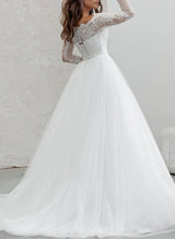 Off-The-Shoulder Chic A-line Wedding Dress Long Sleeves Lace Tulle Material Appliques-Dbrbridal