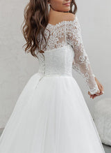 Off-The-Shoulder Chic A-line Wedding Dress Long Sleeves Lace Tulle Material Appliques-Dbrbridal