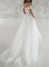Off-the-Shoulder Chic A-line Wedding Dress Short Sleeves Lace Tulle Court Train-Dbrbridal