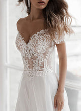 Off-the-Shoulder Chic A-line Wedding Dress Short Sleeves Lace Tulle Court Train-Dbrbridal