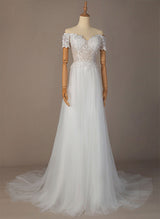 Off-the-Shoulder Chic A-line Wedding Dress Short Sleeves Lace Tulle Court Train-Dbrbridal