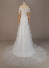 Off-the-Shoulder Chic A-line Wedding Dress Short Sleeves Lace Tulle Court Train-Dbrbridal
