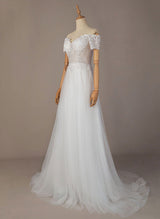 Off-the-Shoulder Chic A-line Wedding Dress Short Sleeves Lace Tulle Court Train-Dbrbridal