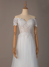 Off-the-Shoulder Chic A-line Wedding Dress Short Sleeves Lace Tulle Court Train-Dbrbridal