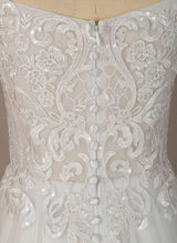 Off-the-Shoulder Chic A-line Wedding Dress Short Sleeves Lace Tulle Court Train-Dbrbridal