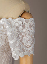 Off-the-Shoulder Chic A-line Wedding Dress Short Sleeves Lace Tulle Court Train-Dbrbridal