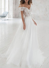 Off-the-Shoulder Chic A-line Wedding Dress Short Sleeves Lace Tulle Court Train-Dbrbridal