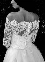 Off-The-Shoulder Chic A-line Wedding Dresses Half Sleeves Tulle Appliques Lace-Dbrbridal