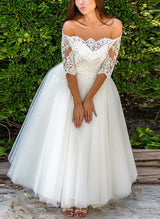 Off-The-Shoulder Chic A-line Wedding Dresses Half Sleeves Tulle Appliques Lace-Dbrbridal