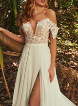 Off-The-Shoulder Chiffon Lace Wedding Dresses High Split-Dbrbridal