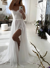 Off-The-Shoulder Chiffon Wedding Dress Chic A-line Sweep Train-Dbrbridal