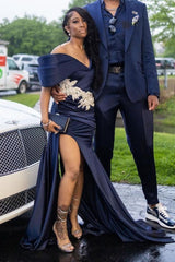 Off the shoulder Dark Navy Mermaid High Split Appliques Prom Dresses-Dbrbridal