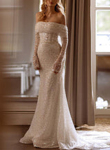 Off-The-Shoulder Elegant Sweetheart Long Sleeves Sequined Wedding Dresses Mermaid Fitted-Dbrbridal