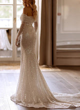 Off-The-Shoulder Elegant Sweetheart Long Sleeves Sequined Wedding Dresses Mermaid Fitted-Dbrbridal