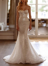 Off-The-Shoulder Elegant Sweetheart Long Sleeves Sequined Wedding Dresses Mermaid Fitted-Dbrbridal