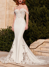 Off-The-Shoulder Lace Elastic Satin Mermaid Fitted Wedding Dresses-Dbrbridal