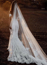 Off The Shoulder Lace Mermaid Fitted Wedding Dress Appliques Lace Sweep Train-Dbrbridal