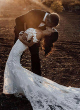 Off The Shoulder Lace Mermaid Fitted Wedding Dress Appliques Lace Sweep Train-Dbrbridal