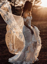 Off The Shoulder Lace Mermaid Fitted Wedding Dress Appliques Lace Sweep Train-Dbrbridal