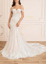 Off The Shoulder Lace Mermaid Fitted Wedding Dress-Dbrbridal