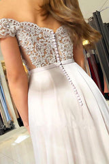 Off-the-Shoulder Lace Prom Dresses Online Sheer Tulle Chiffon Long Formal Evening Gowns with Buttons-Dbrbridal