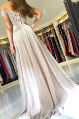 Off-the-Shoulder Lace Prom Dresses Online Sheer Tulle Chiffon Long Formal Evening Gowns with Buttons-Dbrbridal