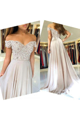 Off-the-Shoulder Lace Prom Dresses Online Sheer Tulle Chiffon Long Formal Evening Gowns with Buttons-Dbrbridal