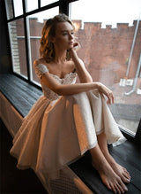 Off-The-Shoulder Lace Sequined Tea-Length Wedding Dress-Dbrbridal