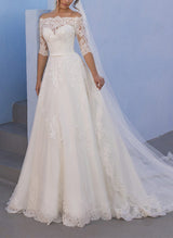 Off-The-Shoulder Lace Tulle Wedding Dress-Dbrbridal
