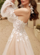 Off-the-Shoulder Lace Tulle Wedding Dresses Detachable Sleeve-Dbrbridal